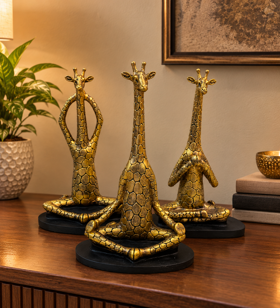 Gold Meditating Giraffe Yoga Figurines Set of 3