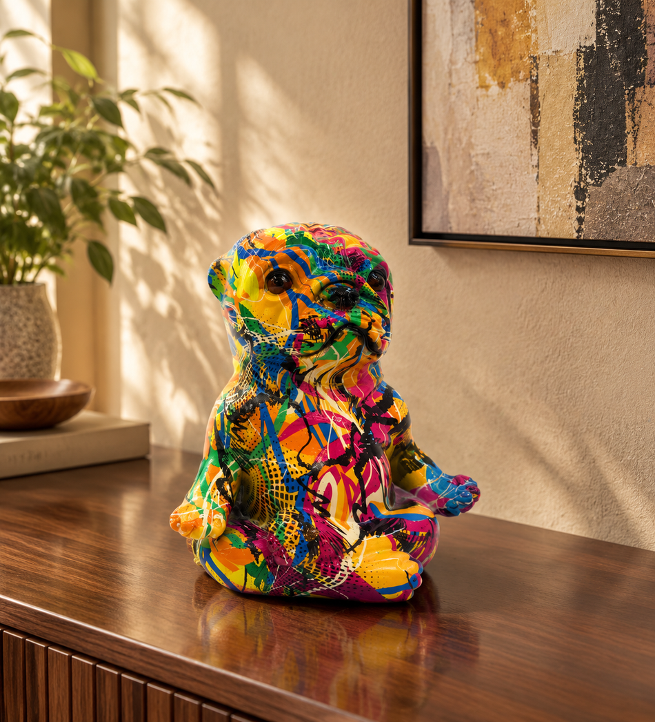 Vibrant Graffiti Art Meditating Pug Figurine in High-Gloss Finish