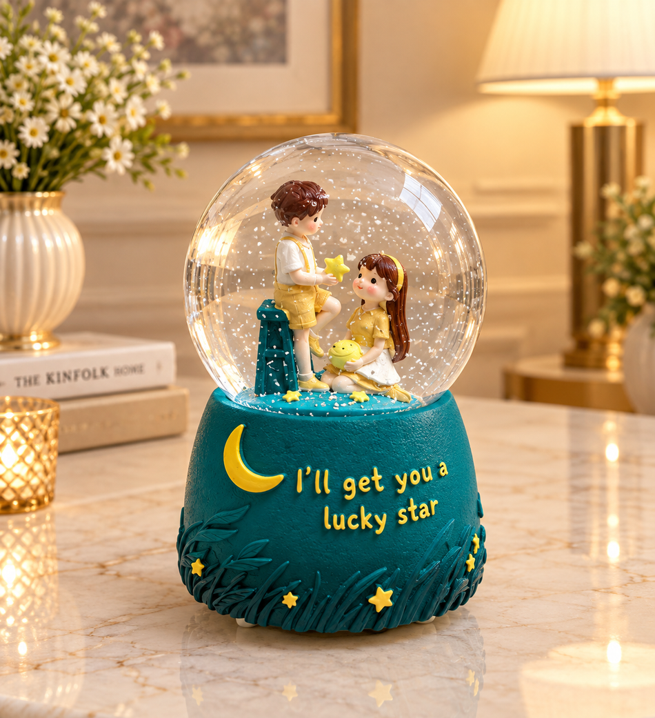 Teal "Lucky Star" Romantic Couple Snow Globe