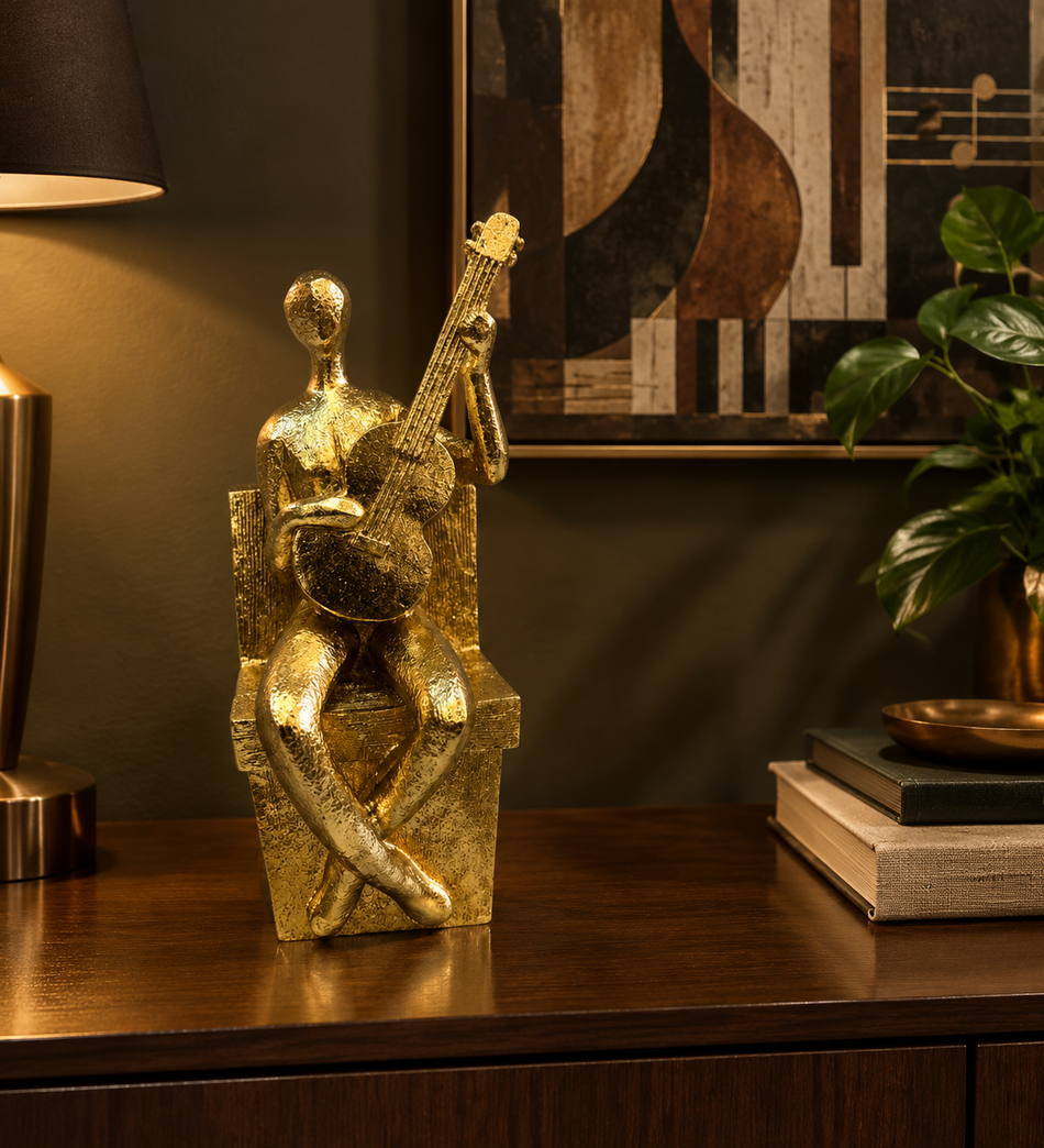 Abstract Textured Gold Seated Guitarist Musician Figurine