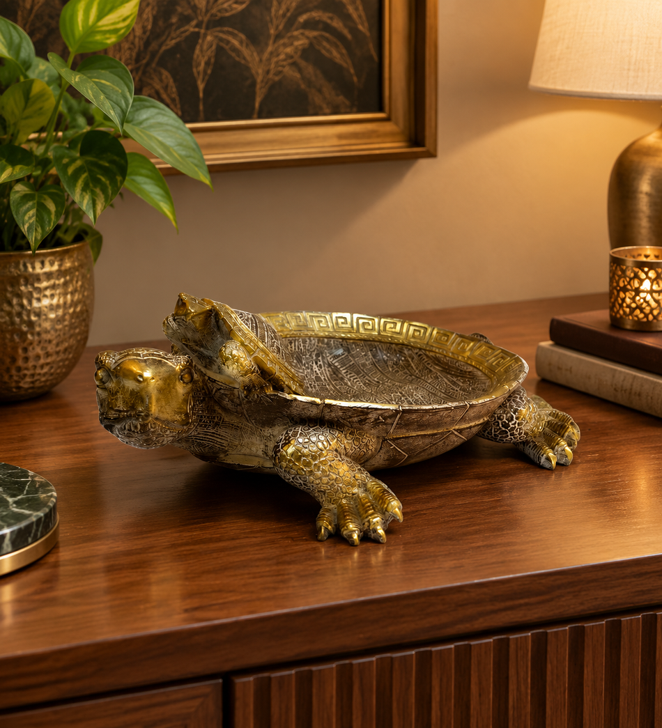 Ornate Antique Gold and Bronze Tortoise Decorative Bowl with Baby Turtle