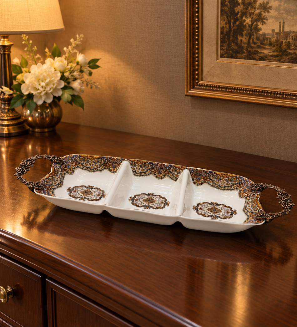 Elegant 3-Compartment Ceramic Serving Tray with Vintage Bronze Scroll Handles