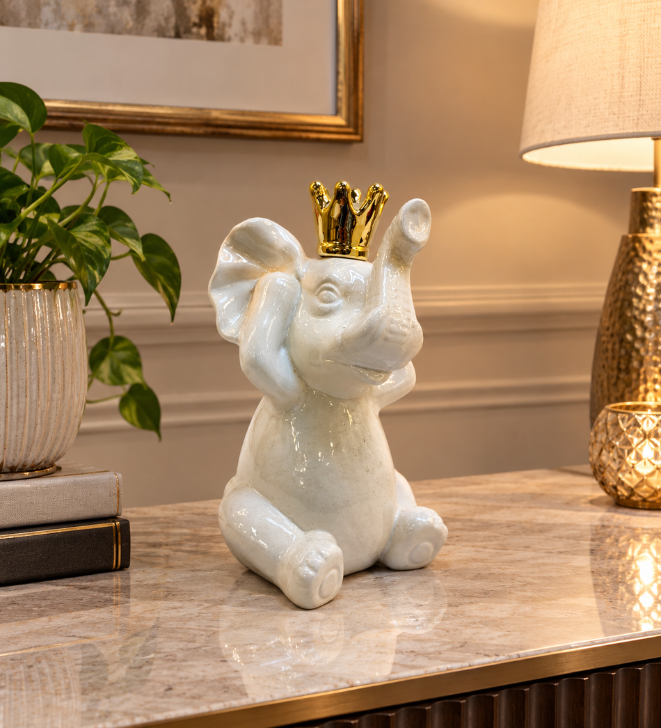 Charming Glossy White Ceramic Elephant Figurine with Gold Crown