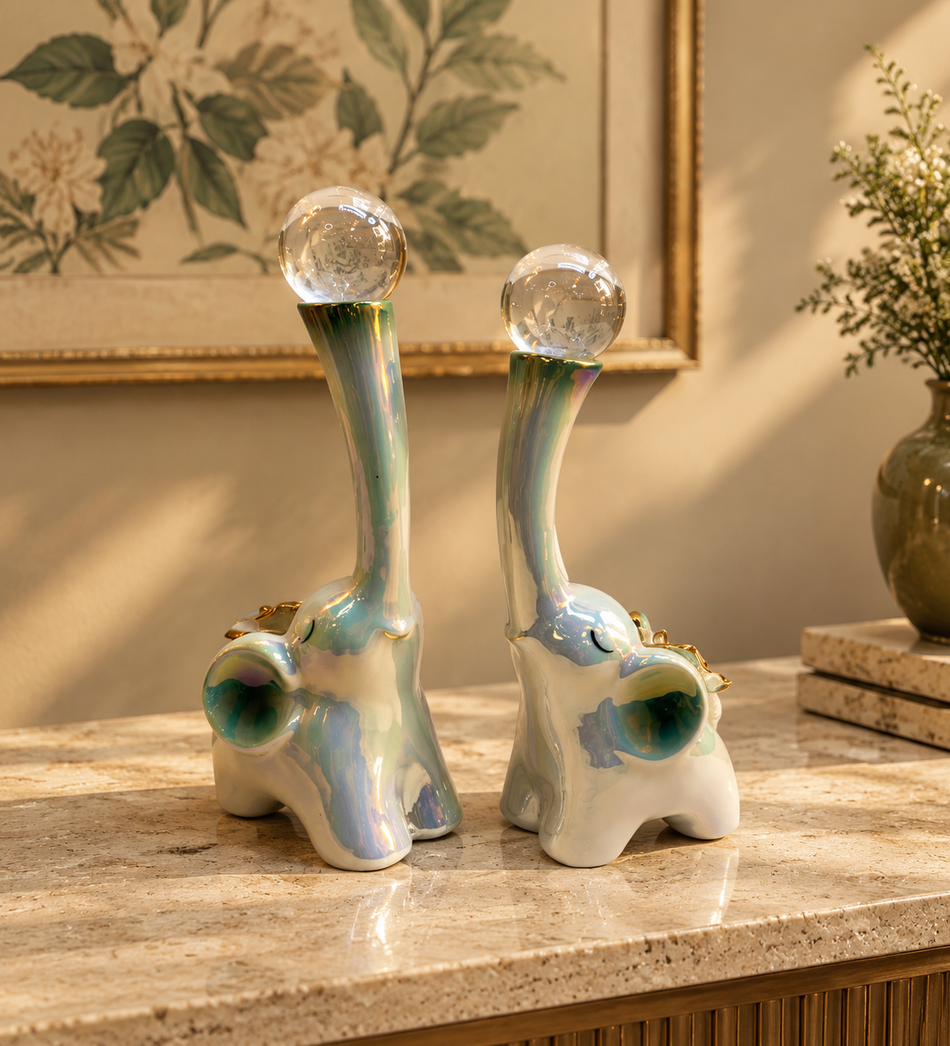 Iridescent Pearl Ceramic Elephant Figurines with Crystal Orb Accent - Set of 2