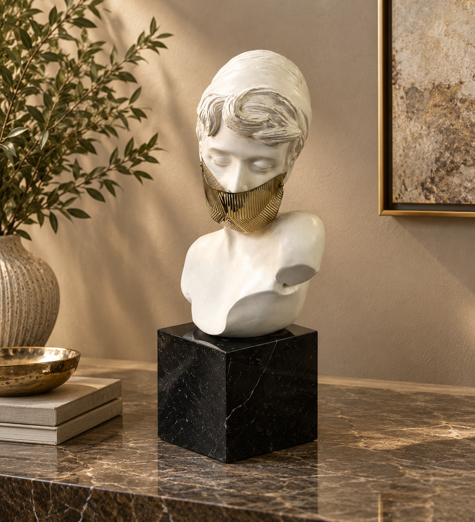 White and Gold Classical Masked Female Bust Sculpture