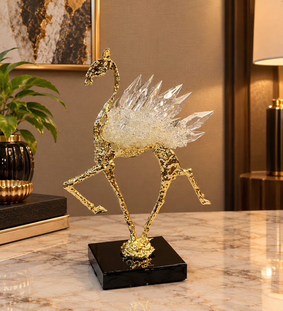 Gold Prancing Deer Sculpture with Clear Crystal Back on Black Pedestal