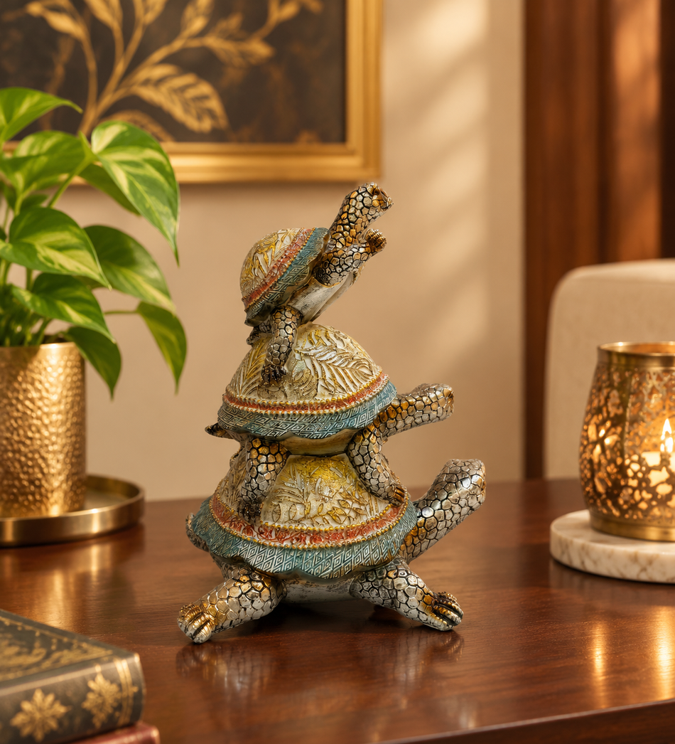 Ornate Stacked Tortoises Figurine with Antique Gold and Teal Finish