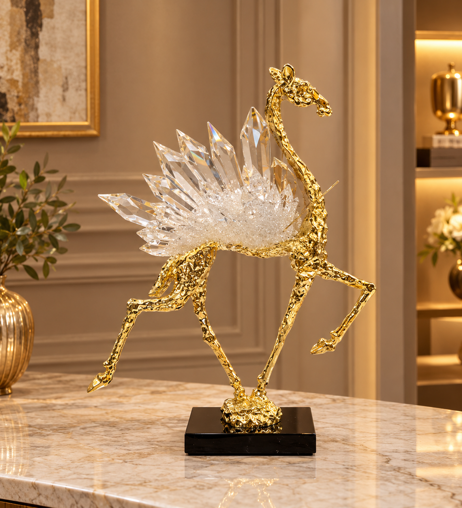 Gold & Crystal Winged Prancing Horse Sculpture