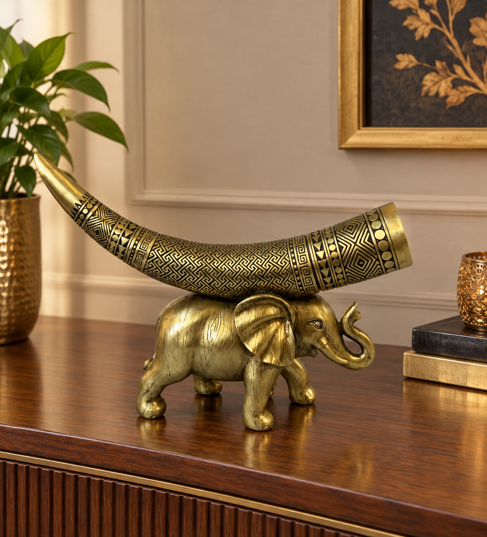 Antique Gold Elephant with Carved Horn Statue