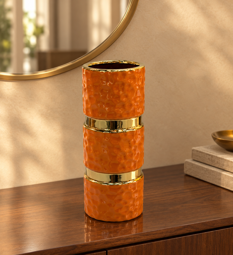 Vibrant Orange and Gold Stacked Ceramic Decorative Pillar Vase