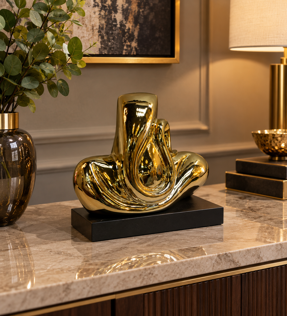 Contemporary Gold Abstract Fluid Sculpture on Black Base