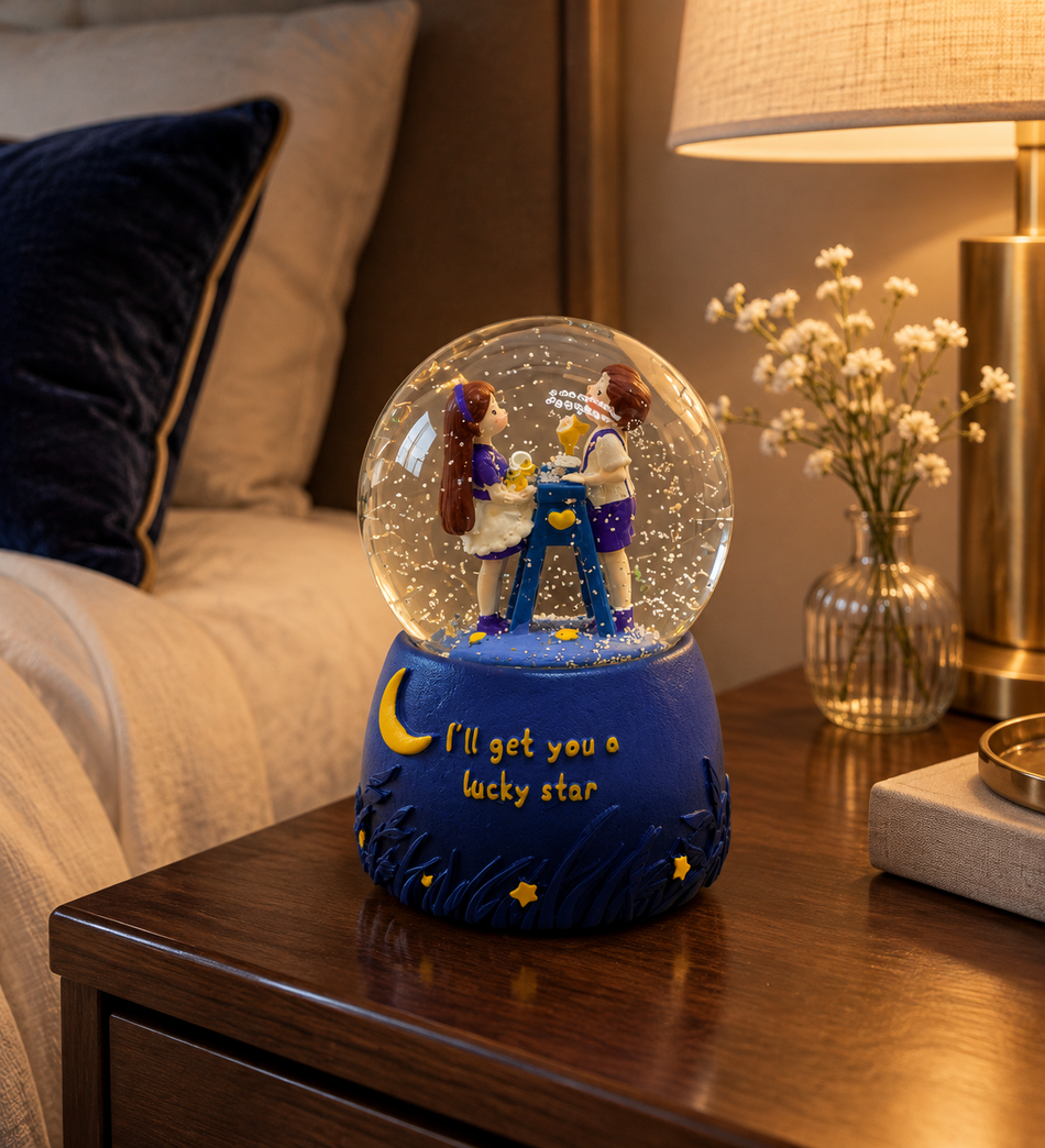 Whimsical "Lucky Star" Romantic Snow Globe with Deep Blue Base
