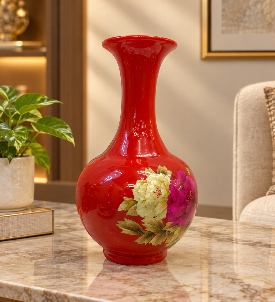 Crimson Red Hand-Painted Peony Ceramic Vase