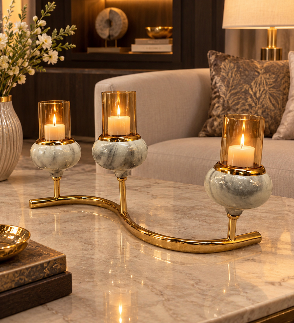 Luxurious Marble and Polished Gold 3-Candle Candelabra with Amber Glass Hurricanes