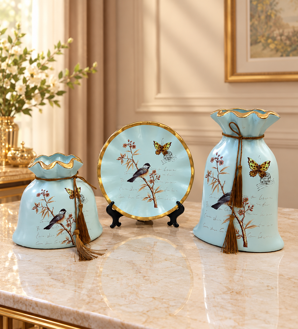 Light Blue Chinoiserie Bird & Butterfly 3-Piece Ceramic Decor Set