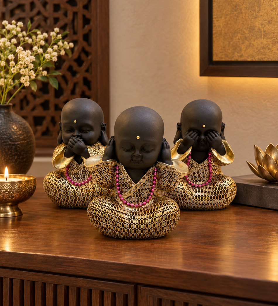 Set of 3 Meditating Monk Figurine Statues with Gold Patterned Robes