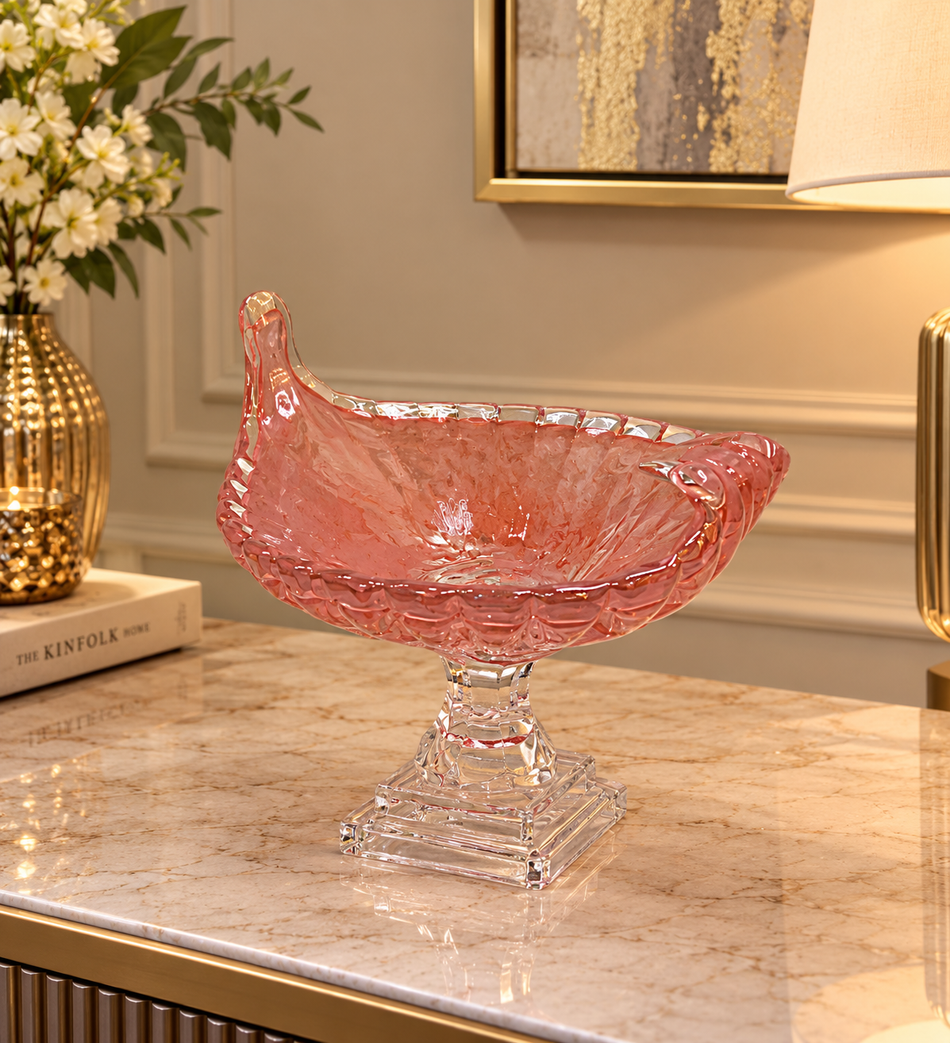 Elegant Rose Pink Fluted Glass Pedestal Centerpiece Bowl