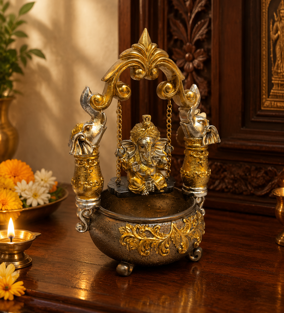 Ornate Silver and Gold Lord Ganesha Swing Figurine Bowl
