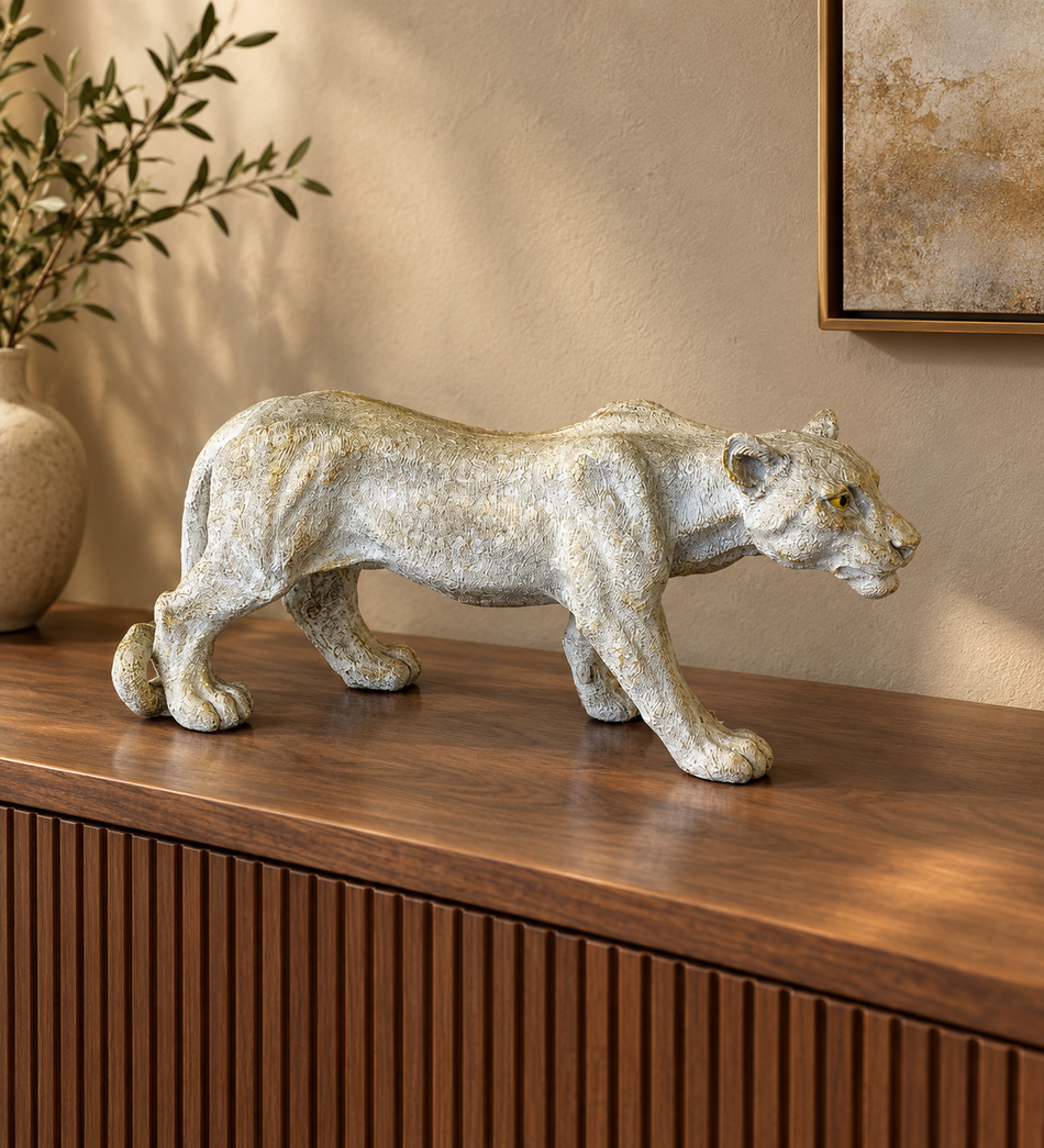 Off-White and Gold Prowling Panther Statue