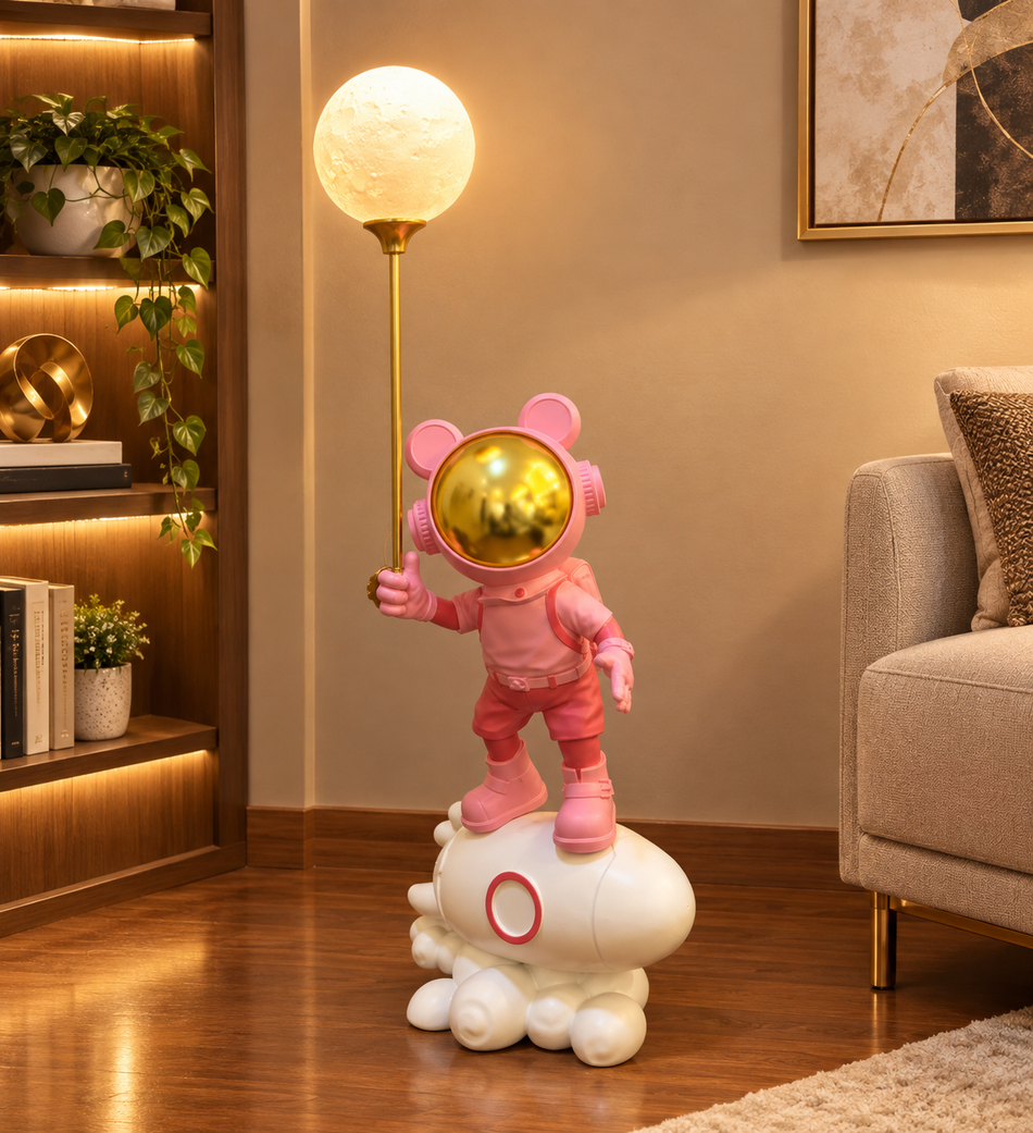 Pink Bear Astronaut Floor Lamp on Rocket Base