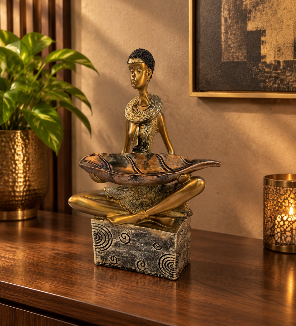 Ornate Tribal Woman Figurine Holding Leaf Tray in Antique Gold and Bronze