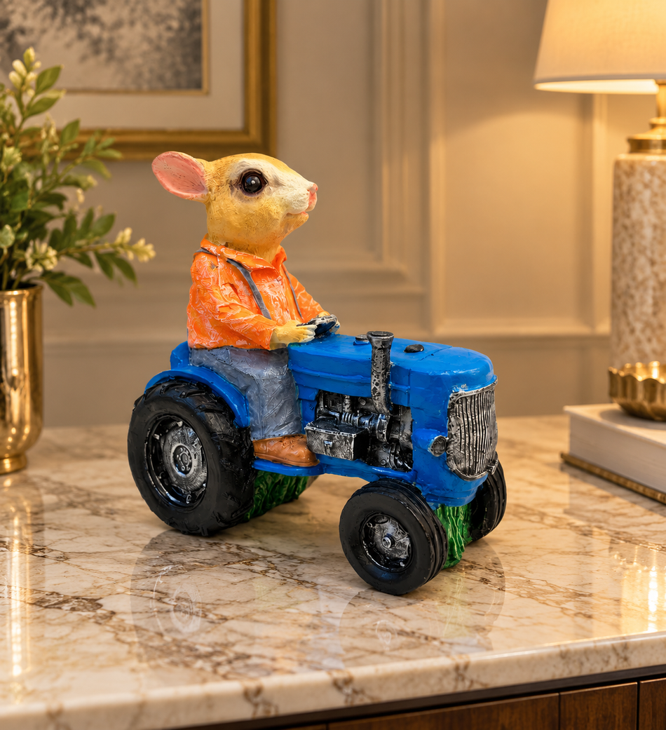 Whimsical Rabbit Driving Vintage Blue Tractor Figurine