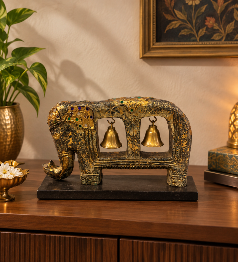Antique Finish Elephant Showpiece with Hanging Bells