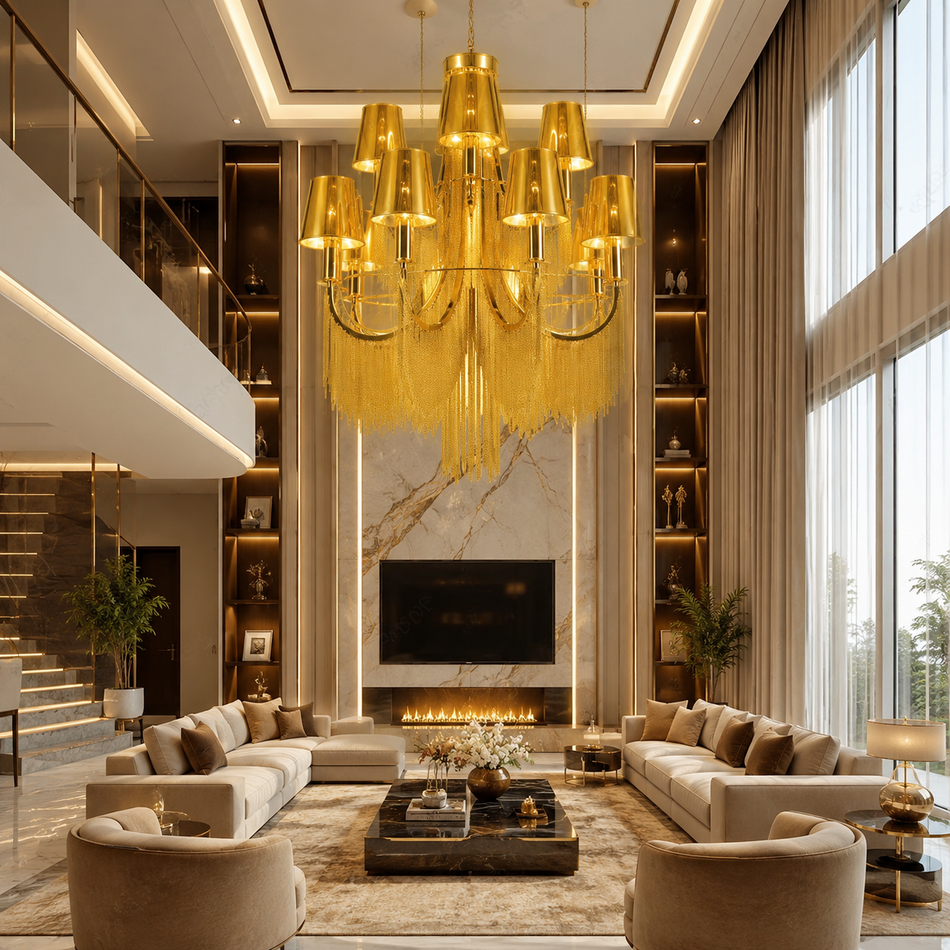 12 Light Shade Gold Chandelier