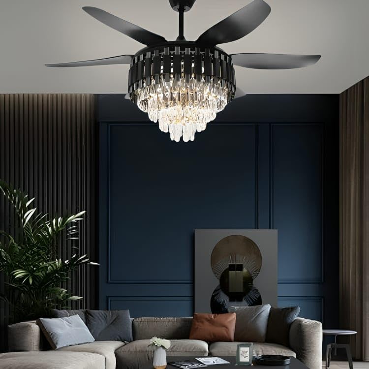 Crystal Ceiling Fan Black Gold Chandelier