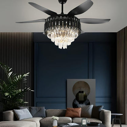 Crystal Ceiling Fan Black Gold Chandelier