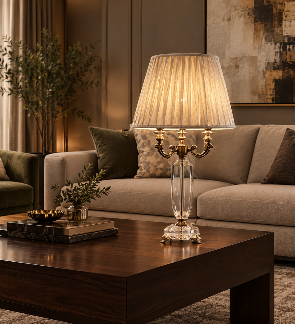 Luxury Brass & Crystal Table Lamp with Pleated Fabric Shade