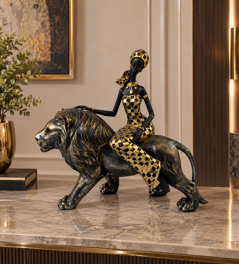African Tribal Woman Riding Lion Sculpture in Black and Gold