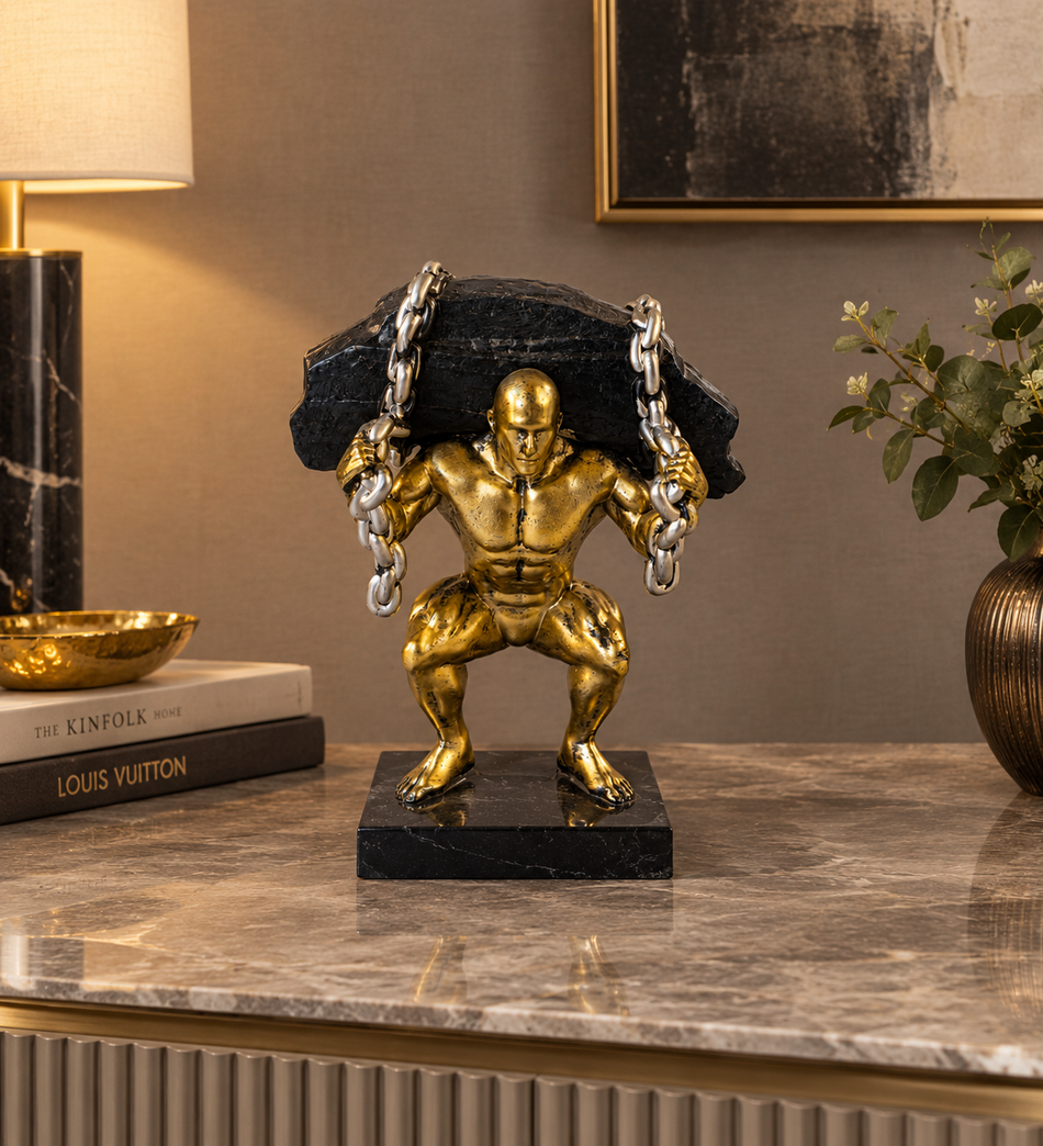 Powerful Atlas Male Figure Lifting Boulder Sculpture in Gold and Silver Finish