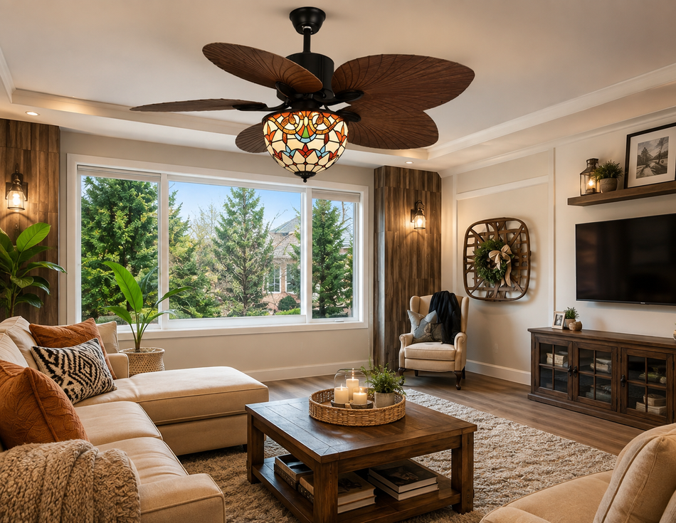 Tiffany Style Wooden Blade Ceiling Fan