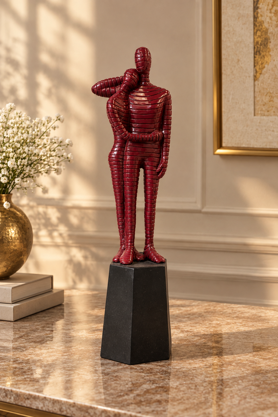 Abstract Embracing Couple Figurine on Black Pedestal Base