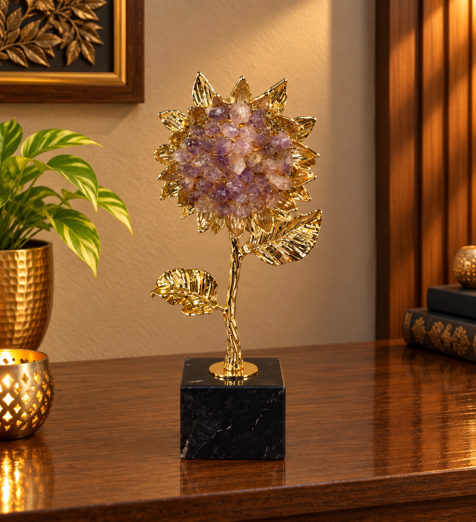 Gold Floral Crystal Sculpture on Marble Base