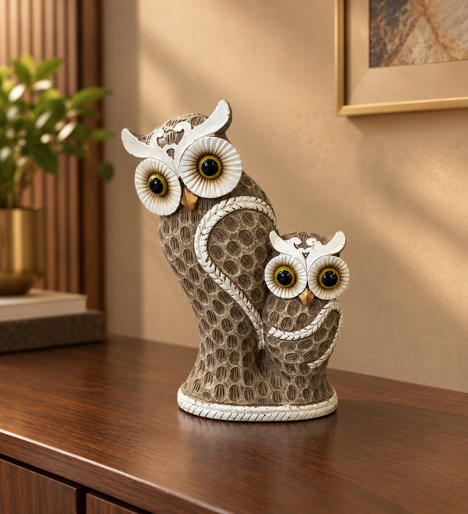 Charming Mother and Baby Owl Decorative Sculpture with White Accents