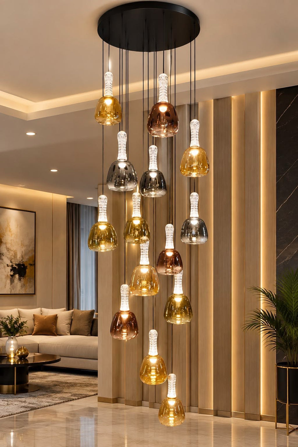 Modern Multi-Color Glass LED Double Height Chandelier