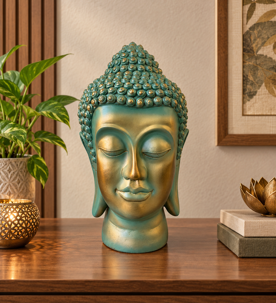 Serene Teal and Gold Meditating Buddha Head Table Statue