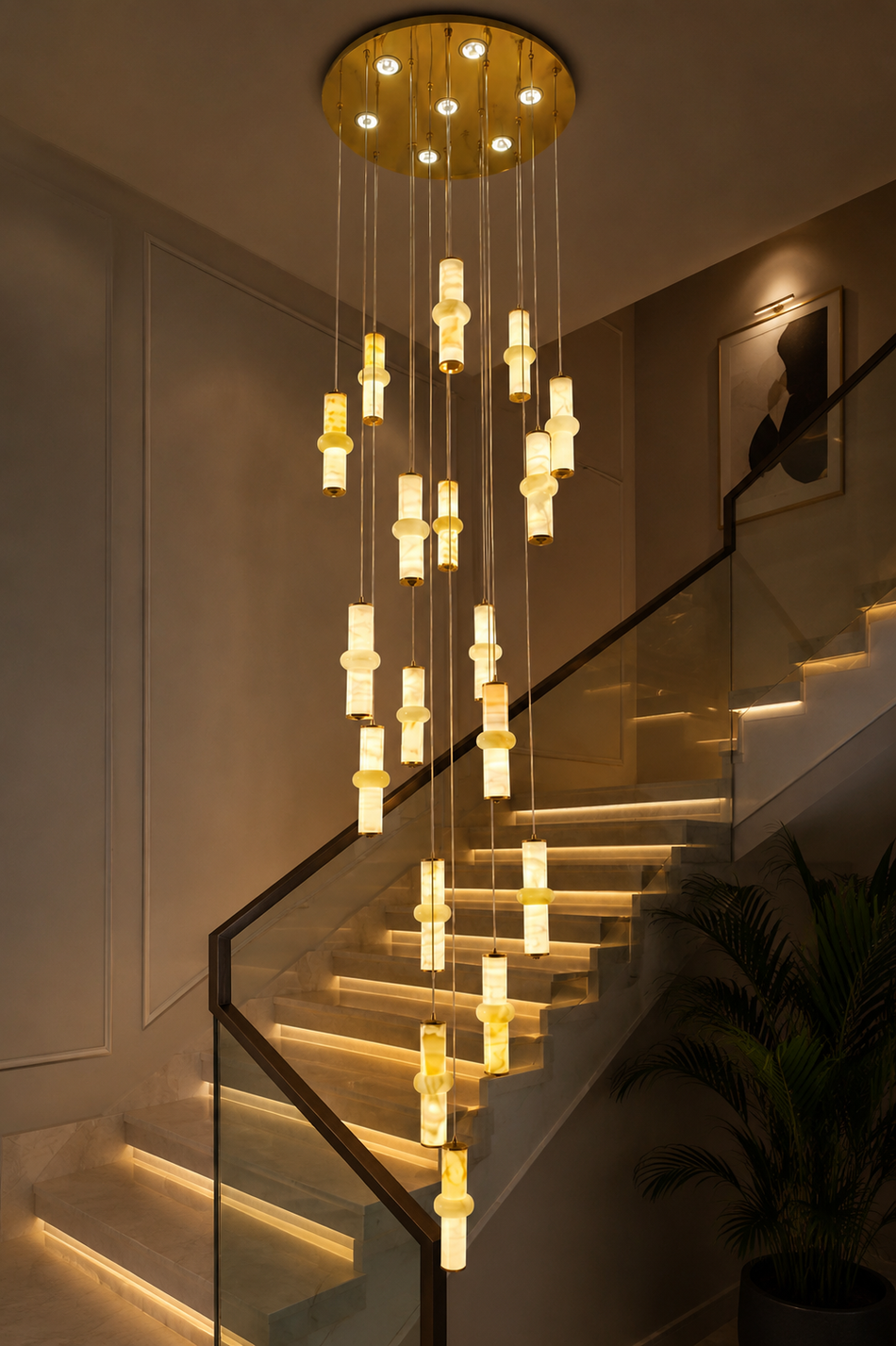 Modern Gold 18-Hanging Double-Height Chandelier