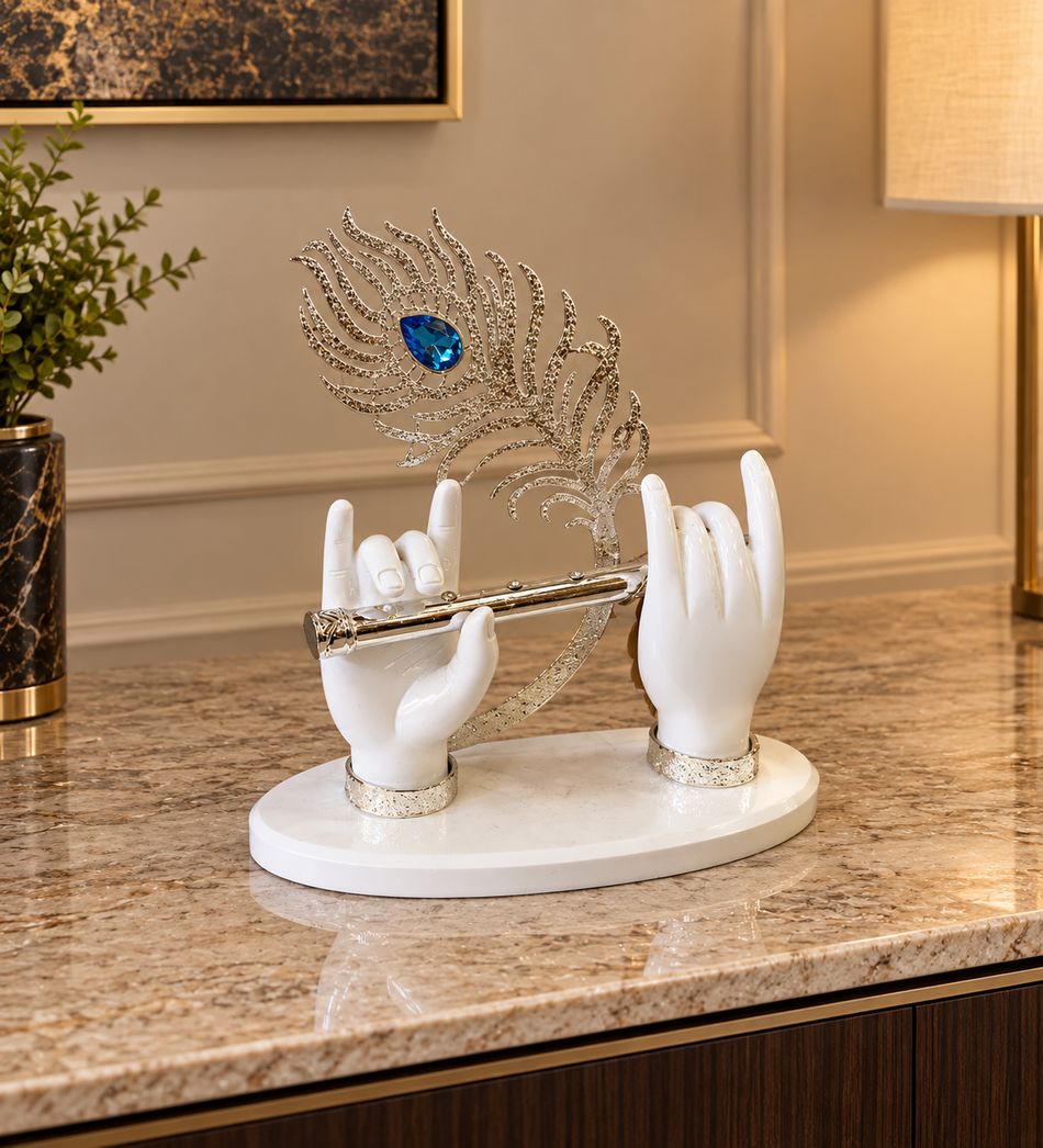 Spiritual Divine Flute and Peacock Feather Sculpture on White Base