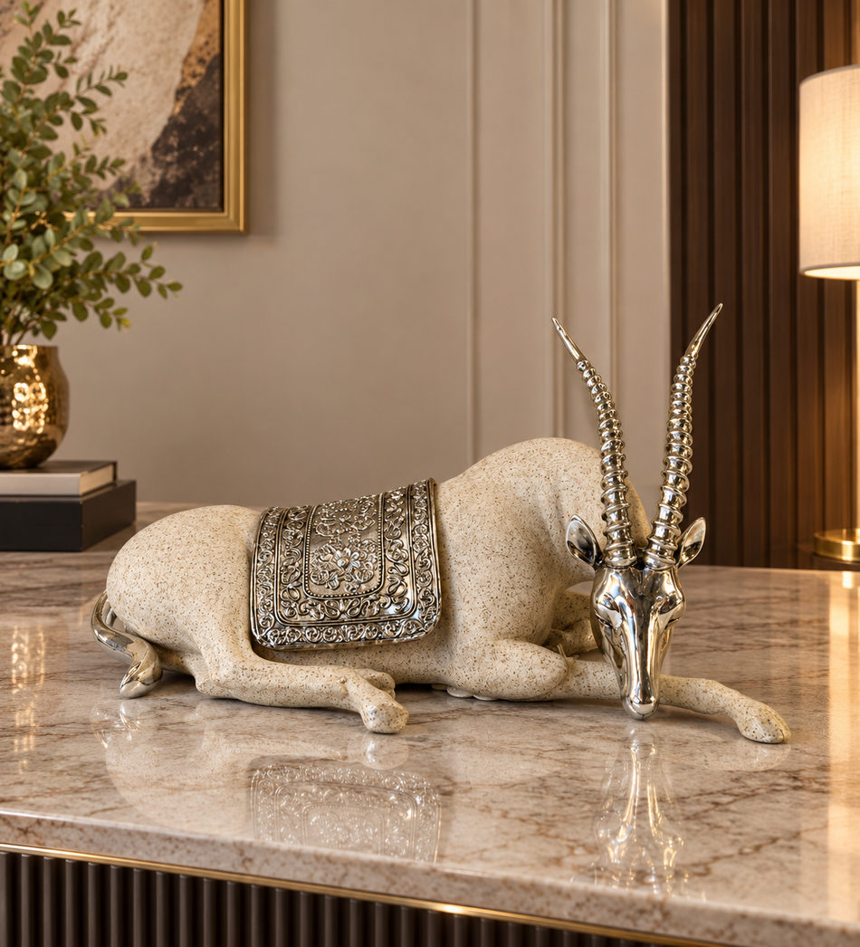 Sitting Antelope Sculpture with Polished Silver Accents