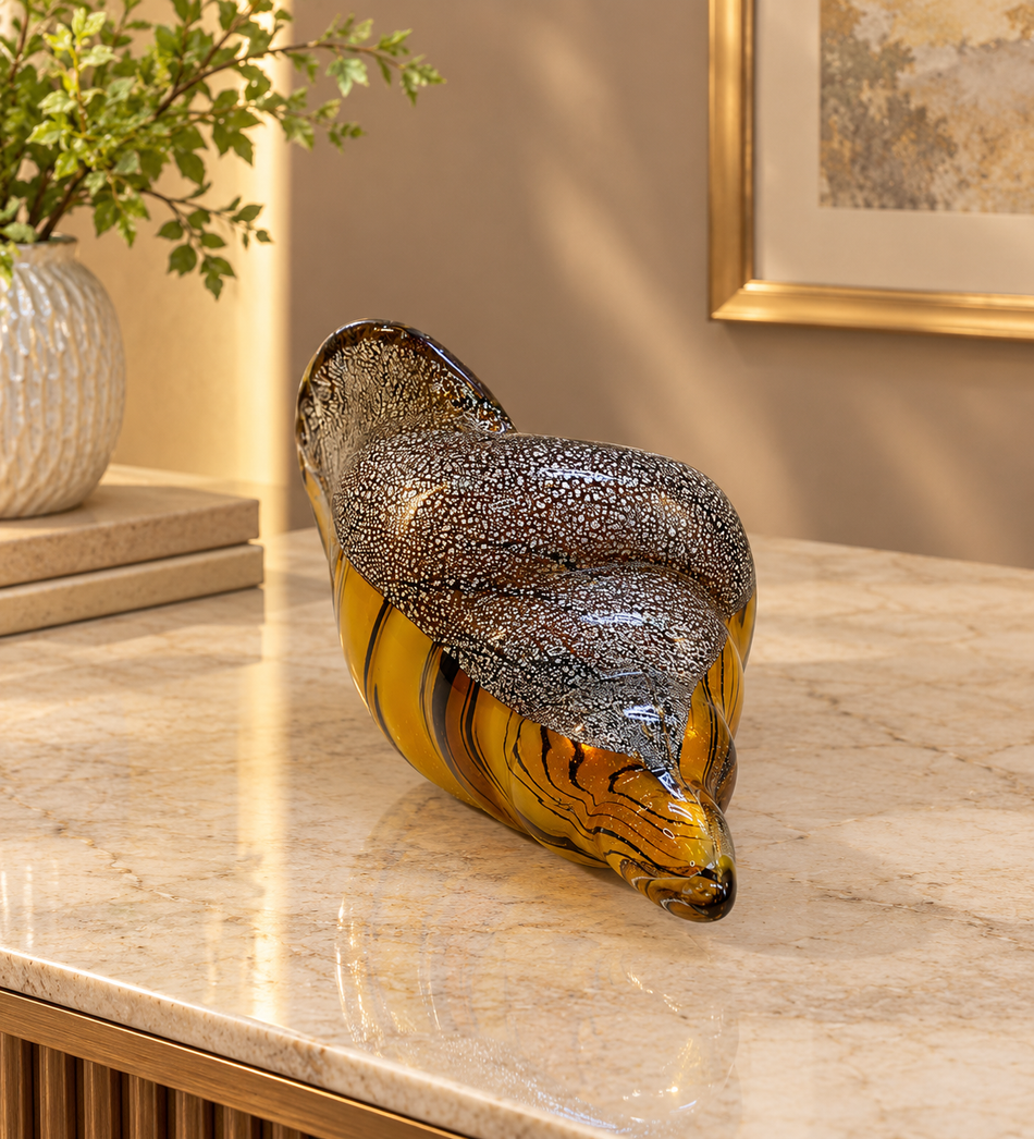 Artisan Amber Glass Seashell Sculpture with Silver Speckled Accent