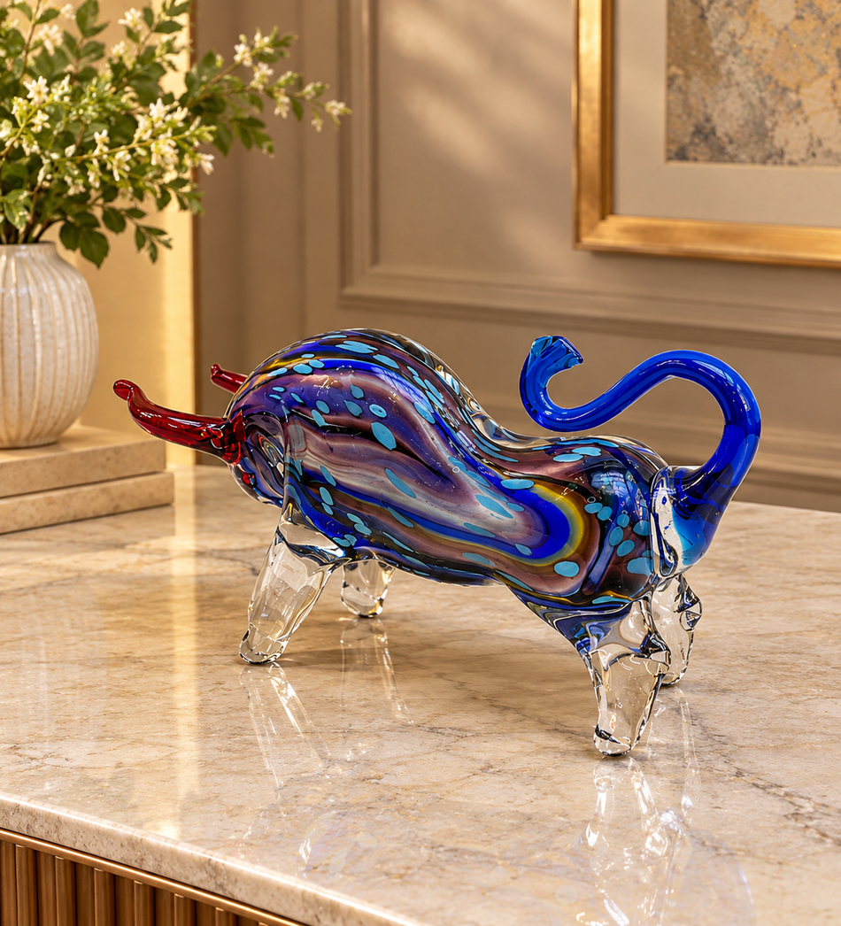 Artisan Multicolor Glass Charging Bull Sculpture with Red Horns