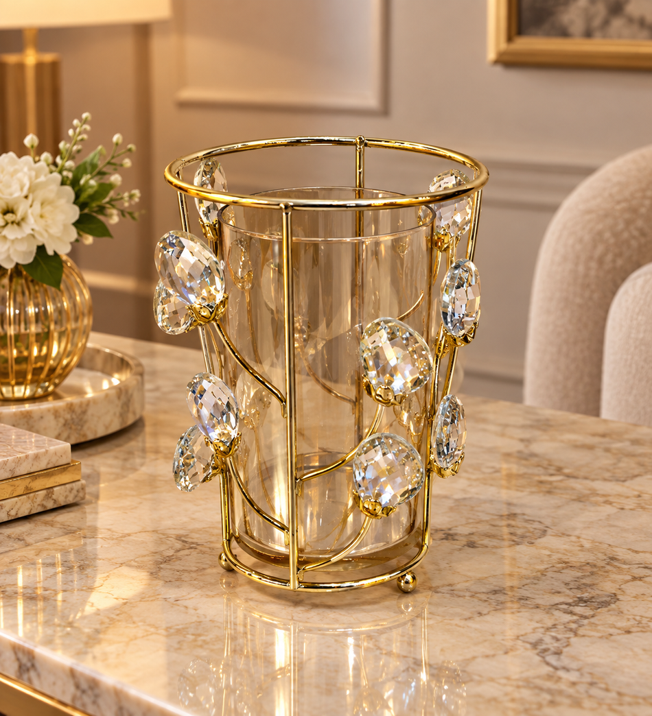 Luxury Gold Wire Metal and Crystal Leaf Amber Glass Cylinder Vase