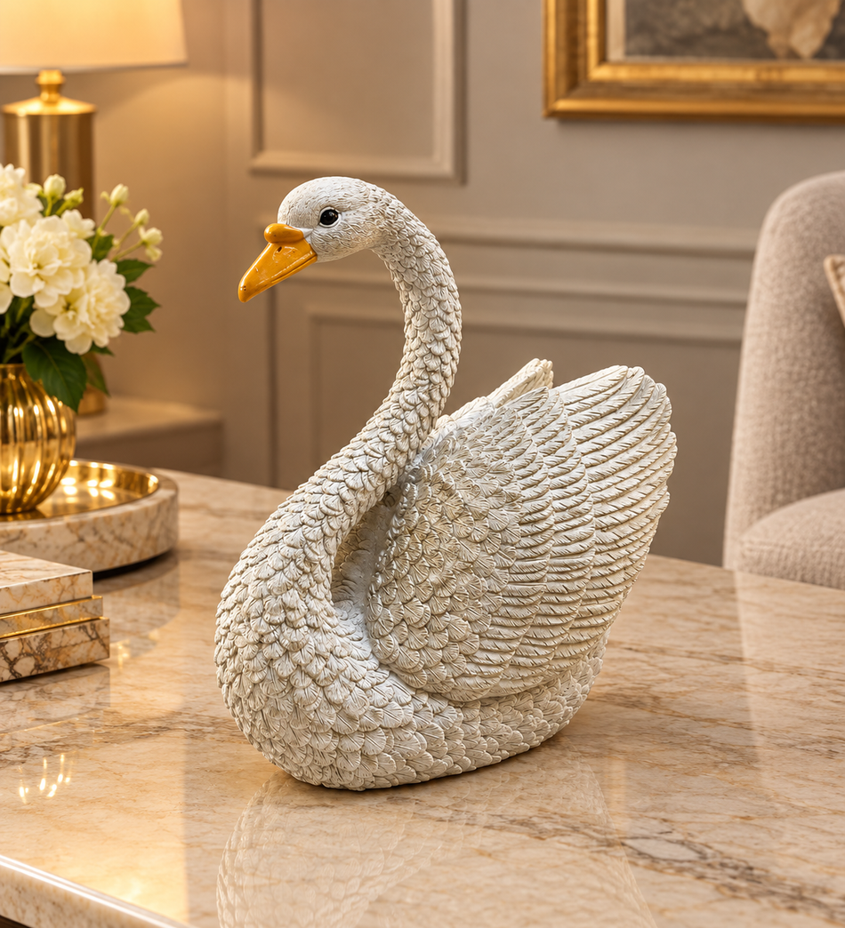 Graceful White Textured Swan Sculpture with Orange Beak Accent