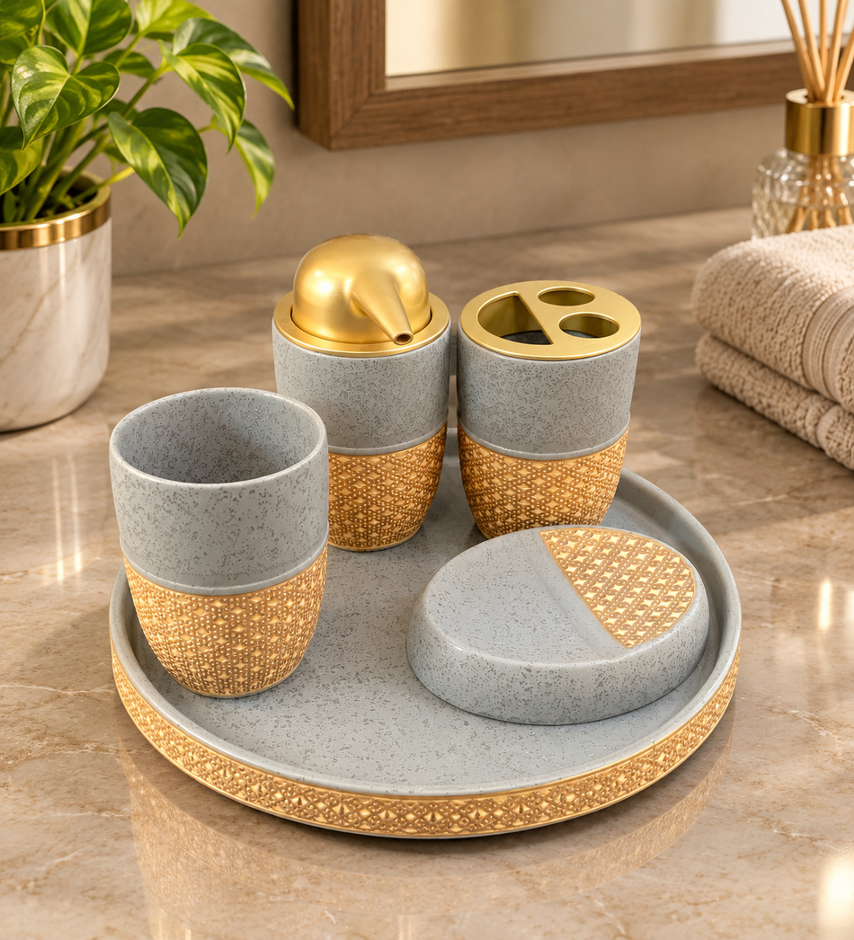 Luxury Grey & Gold Patterned Ceramic Bathroom Accessories Set