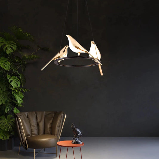 Bird Chandelier in Black and Gold Finish with in Built LED