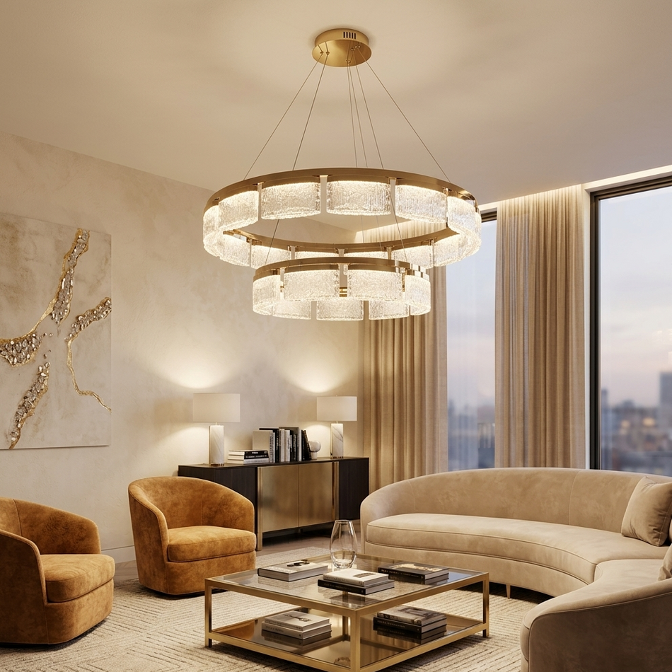 Modern Gold 2-Tier Ring Crystal Chandelier