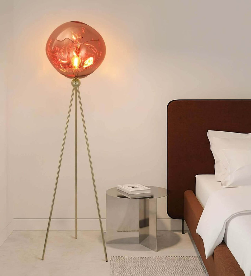 Minimalist Tripod Floor Lamp with Amber Glass Globe Shade